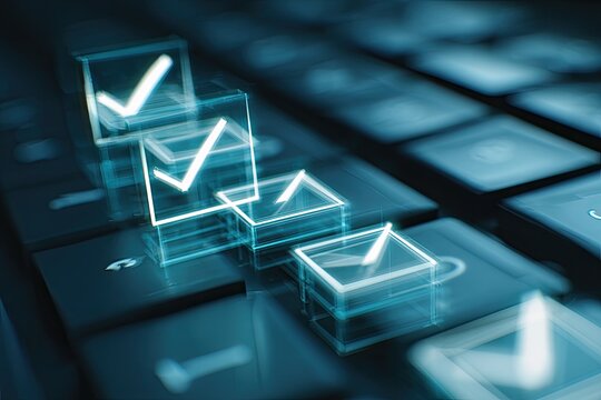 A close-up of a keyboard with illuminated checkmarks floating above the keys