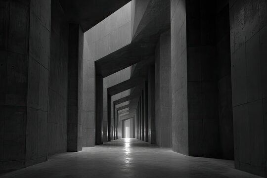 A long, stark corridor of angular concrete architecture extending into the distance, lit by soft light