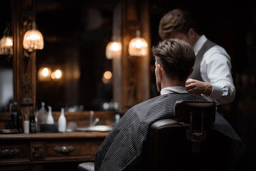 Male client seated in barber chair receiving haircut from skilled barber in vintage salon with warm lighting, showcasing professional grooming and stylish ambiance