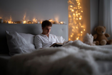 Young man reading a book in a cozy bedroom, surrounded by soft blankets and warm fairy lights, creating a serene and inviting atmosphere for relaxation and enjoyment