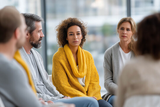 African American woman in yellow sweater sits thoughtfully among a group of diverse individuals in a modern, bright meeting space, engaging in a reflective discussion about personal growth
