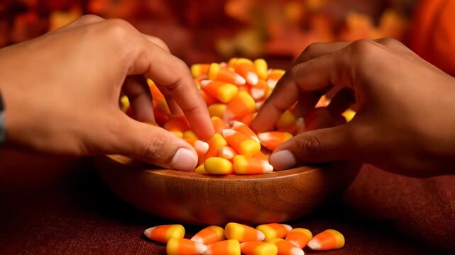 Two hands holding candy corn in a wooden bowl over dark red background for Halloween