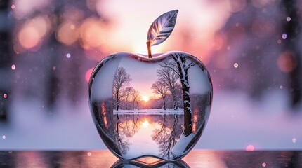 A magical winter landscape reflected inside a crystal-clear glass apple the scene inside the apple, AI Generative
