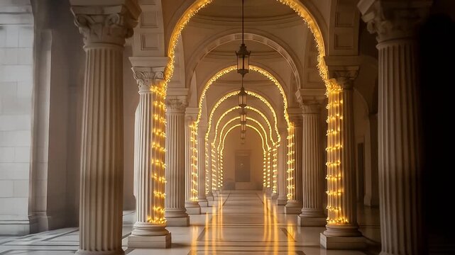 Colonnade hallway bathed in warm light, adorned with festive string lights
