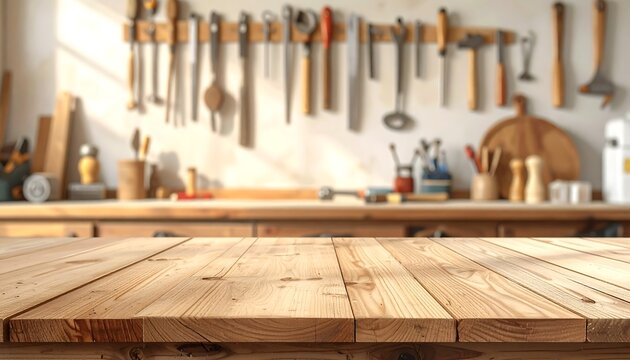 Empty wooden tabletop with blurry workshop background and sunlight