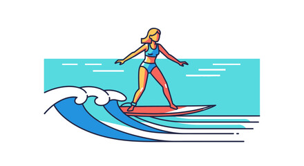 Stylish cartoon illustration of a surfer girl riding a wave in the ocean creating a summery vibe