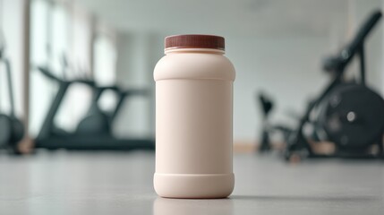 Modern workout environment featuring a blurred jar of powder protein in a gym equipped with fitness machines and bright natural light