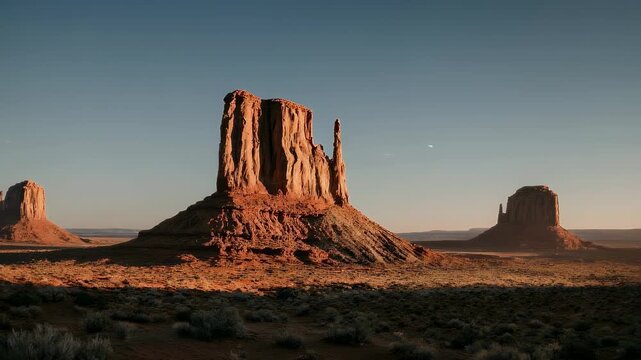 A scenic vista in a desert region featuring sandstone formations. The image is taken at golden hour with long shadows and a clear, blue sky. The landscape is mostly arid