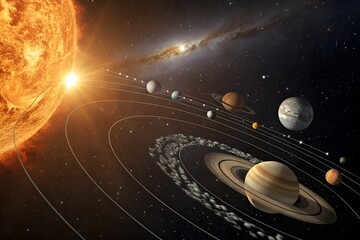 Solar System with Sun and Planets Orbiting in Outer Space