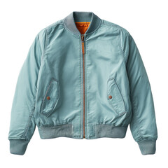 Light blue bomber jacket with orange lining, front-facing, isolated