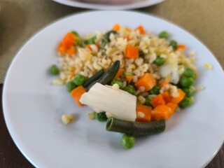 morning breakfast with noodles and boiled vegetables. Healthy eating concept