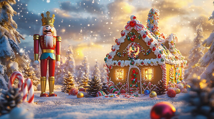 Festive Christmas scene with a gingerbread house and nutcracker set in a snowy winter landscape perfect for holiday cards and seasonal promotions