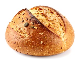 Freshly baked artisanal bread roll, with seeds, on white background