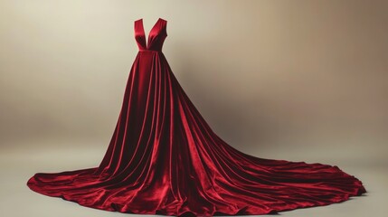 A luxurious red velvet dress with a deep neckline and long flowing train realistic fabric folds and rich texture captured under soft lighting solid beige background