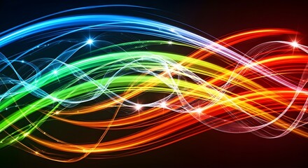 Abstract background of colorful glowing light trails with swirling patterns and sparkling effects on a dark backdrop