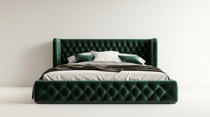 A luxurious upholstered bed frame with tufted headboard velvet texture in deep emerald green solid off-white background contemporary bedroom 