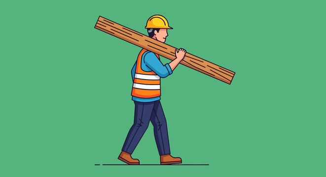 Construction Worker Carrying Lumber with Safety Gear.
