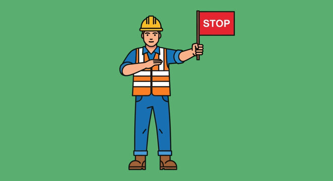 Construction Worker Holding Stop Sign Directing Traffic.