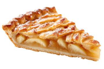 Apple pie slice; flaky crust, fruit filling, powdered sugar