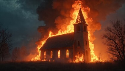 Church burns intensely at night with flames and smoke. A dramatic scene shows destruction of church. Gothic building in inferno. Symbolic event for news or articles about religion.
