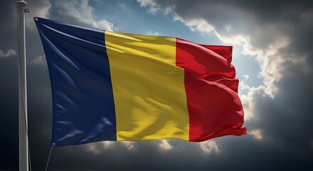 Romanian flag waving proudly against a dramatic sky with sunbeams breaking through the clouds, symbolizing national pride and resilience.