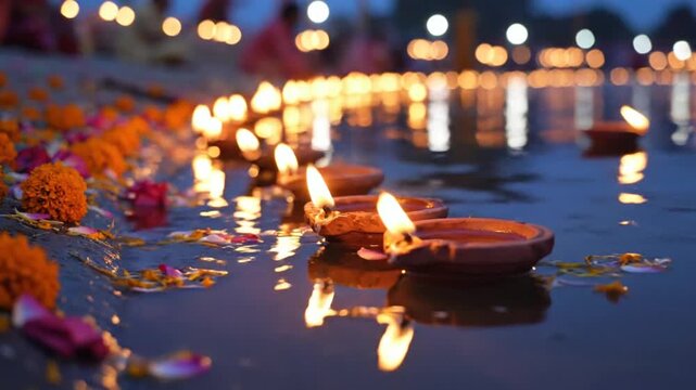 floating diyas marigolds river evening festival india