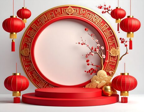 Festive Asian celebration podium with red lanterns, blossoms, and ornate gold accents