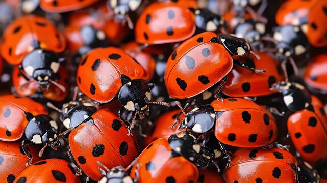 Cluster of Red Ladybugs Crawling and Moving Around