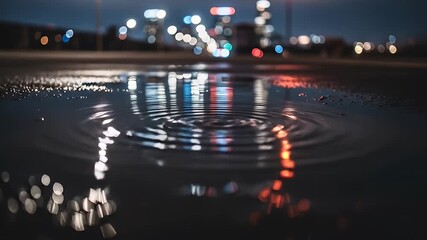Night cityscape reflects in a puddle with concentric ripples, urban setting - Powered by Adobe