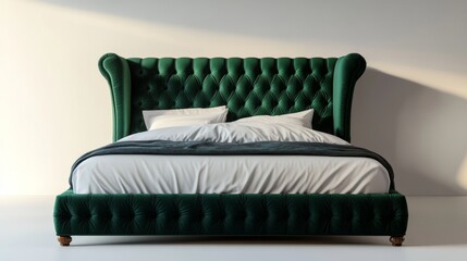 A luxurious upholstered bed frame with tufted headboard velvet texture in deep emerald green solid off-white background contemporary bedroom 