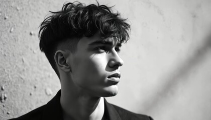 Profile portrait of young man with stylish fringe haircut. He looks away with confidence. Modern male aesthetic and grooming in black and white photo.