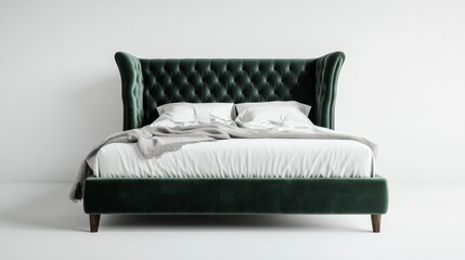 A luxurious upholstered bed frame with tufted headboard velvet texture in deep emerald green solid off-white background contemporary bedroom 