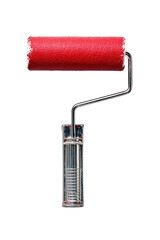 Red paint roller with silver handle, isolated on black