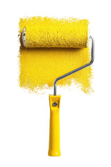 Yellow paint roller with freshly applied paint on a black surface