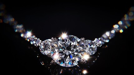 A luxury diamond necklace with a delicate chain and brilliant-cut centerpiece resting on a solid black background focused lighting enhancing each gem facet