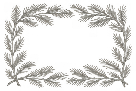 Silver pine branches framing empty space, creating an elegant winter border for christmas holidays, transparent background