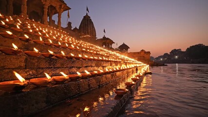 lit oil lamps on temple steps by river at dusk