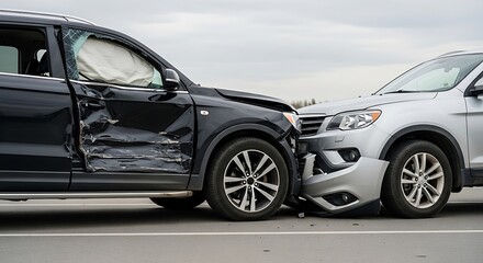 Automobile accident scene illustrating the heavy impact between a black SUV and a silver car on a roadway