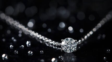 A luxury diamond necklace with a delicate chain and brilliant-cut centerpiece resting on a solid black background focused lighting enhancing each gem facet