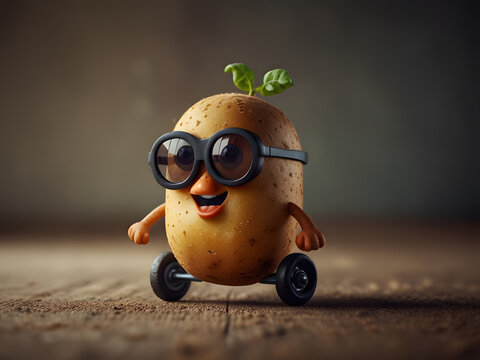 Cute potato riding hoverboard cartoon character, funny vegetable transportation illustration, futuristic kids design