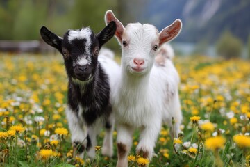 Obraz premium Funny baby goats play joyfully in the vibrant flower-filled meadow during a sunny afternoon in springtime, showcasing their playful nature and curiosity