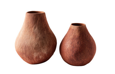 Two reddish textured clay pots with rounded pear-shaped bodies