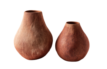 Two reddish textured clay pots with rounded pear-shaped bodies