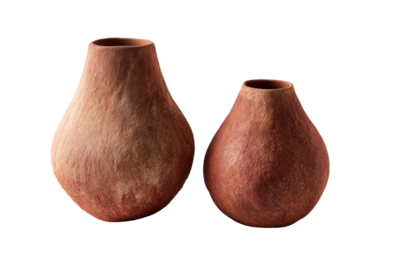 Two reddish textured clay pots with rounded pear-shaped bodies