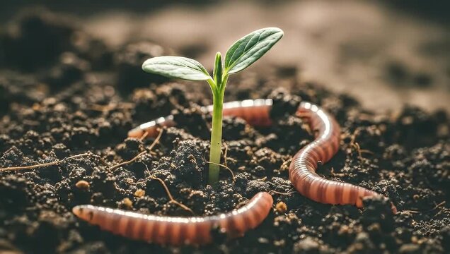 Young Earthworm Emerging from Soil Closeup with Green Sprout in Focus