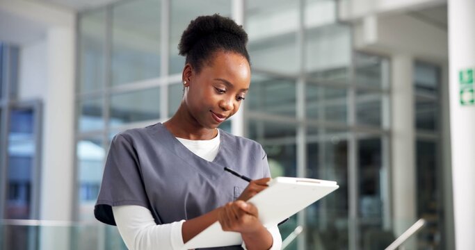 Clipboard, nurse and black woman in hospital, writing and schedule with healthcare. African person, medical service and surgeon in clinic, documents and information with checklist, review or wellness - Powered by Adobe