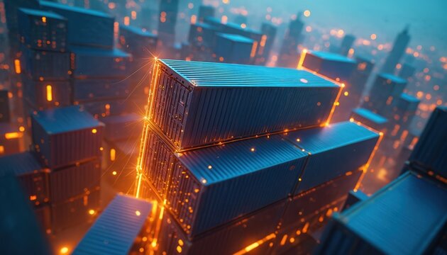 Digital artwork of cargo containers in a futuristic cityscape. Logistics tech concept with glowing lines linking structures. Innovation in global trade transportation illustrated.