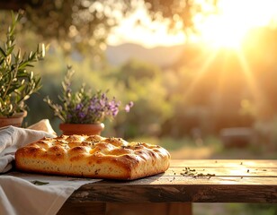 Freshly baked bread on a rustic table, bathed in warm sunlight