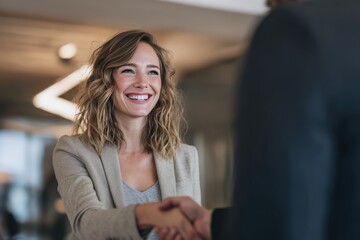 Obraz premium Smiling businesswoman in a beige blazer engaging in a confident handshake in a modern office setting representing professional networking, partnership, and career success