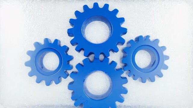 Blue gears, arranged in a quadrant, on a frosted, textured white background. The central gears are larger. Light reflection gives a 3D effect